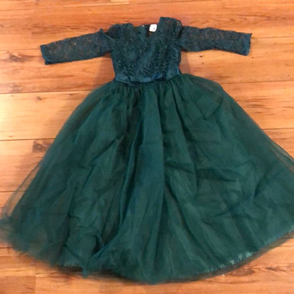 Emerald green lace and net gown.